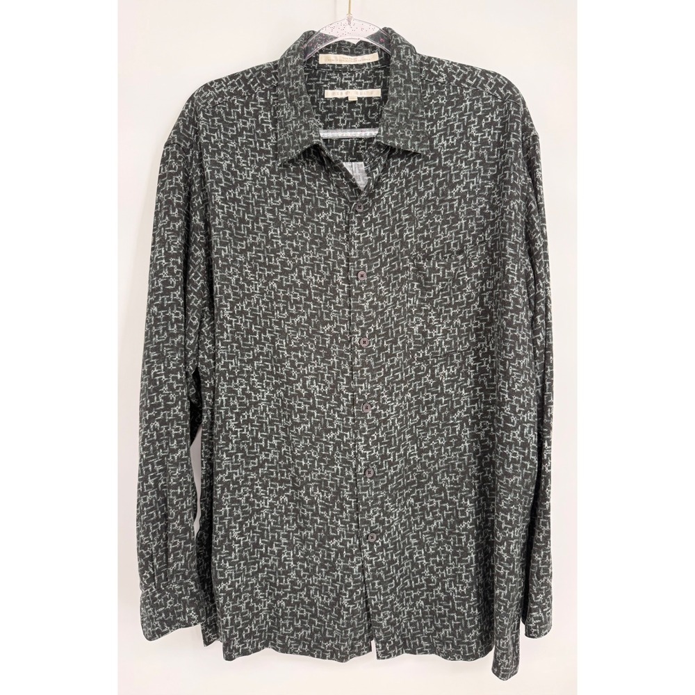 Perry Ellis Mens Sz XL Long Slv Rayon Button Down Shirt Abstract Geometric Black